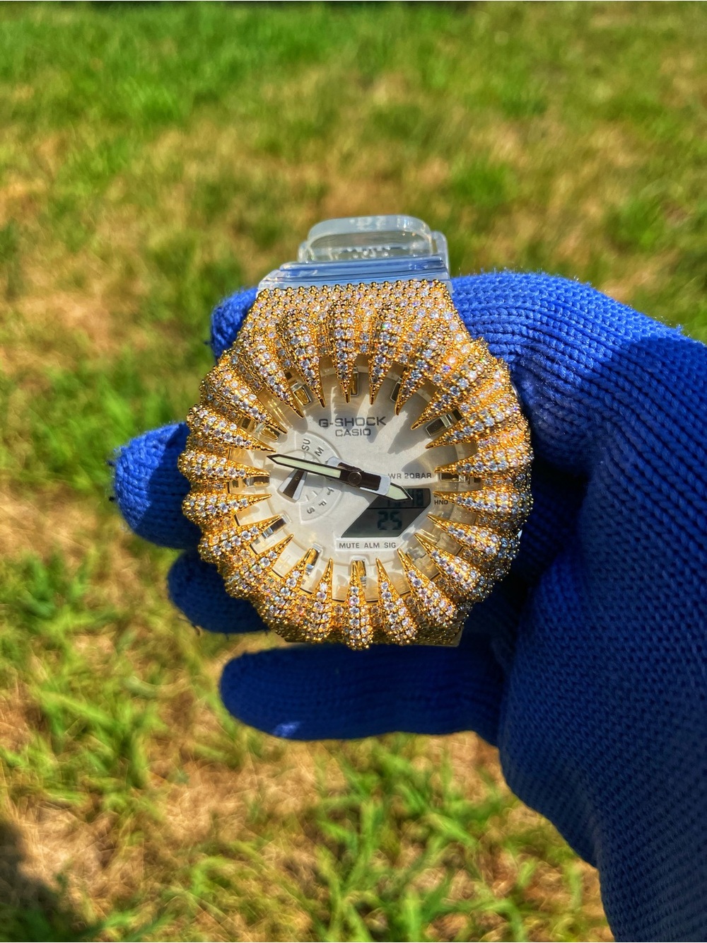 Custom G Shock Snowflake white with gold moissanite bezel